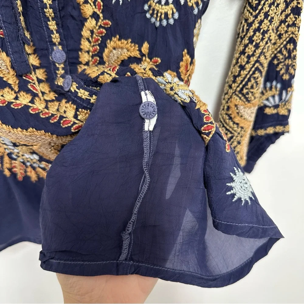 Johnny Was Minerva Blue Gravel Embroidered Blouse in Navy Blue and Gold
